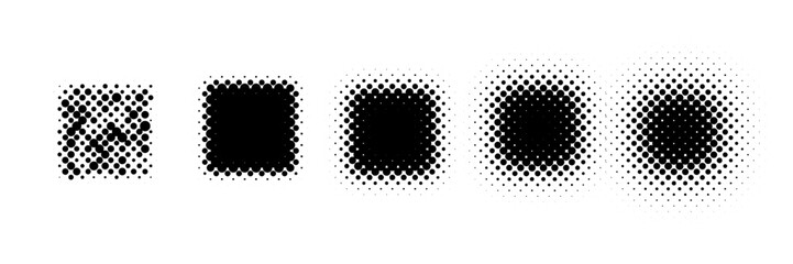 Dot pattern gradient squares with halftone dots or dotwork texture effect. Abstract vector halftone pattern squares black dot color gradation