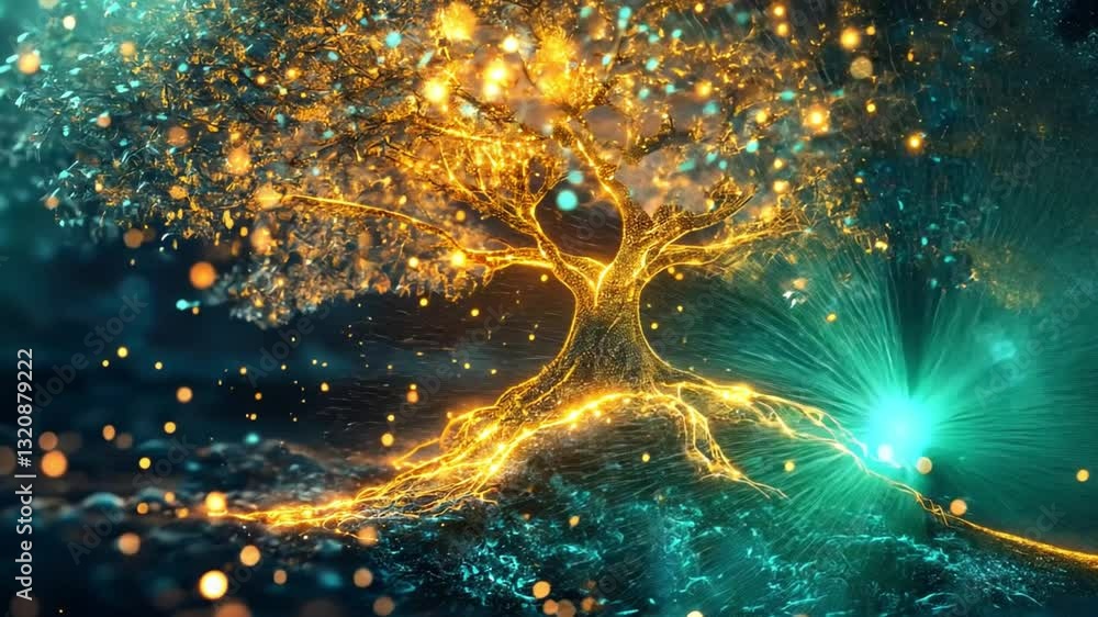 Poster glowing tree with luminous roots and sparkling particles creates magical atmosphere of vibrant color