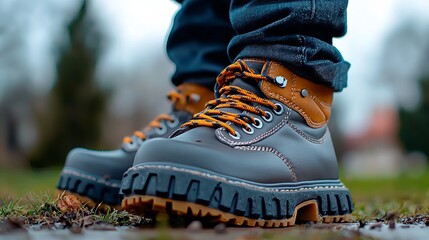 Close-up of rugged, brown and gray hiking boots on a person standing on grass, showcasing durability and style.