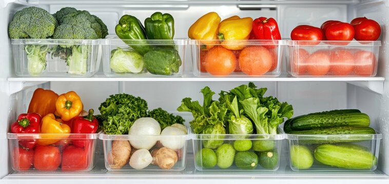 Minimalist fridge arrangement with fresh vegetables in transparent boxes, ideal for diet planning, meal prep, and a healthy lifestyle