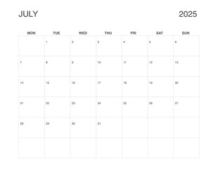 JULY 2025 Letter Size Monthly Calendar, Minimalist Printable Calendar, Dated JULY Planner