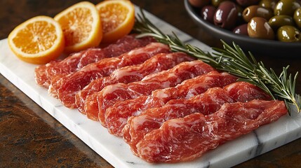 Fresh Sliced Meat with Rosemary and Orange Slices on Serving Board