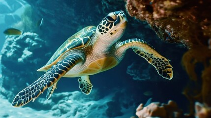 Obraz premium Swimming green sea turtle in coral reef underwater photography ocean environment close-up view for nature enthusiasts