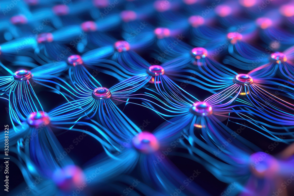 Poster futuristic abstract design with glowing blue and purple lines in a network pattern.