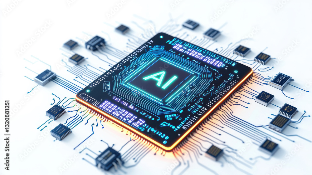 Poster futuristic ai chip on digital circuit board, symbolizing advanced technology and innovation. isolate