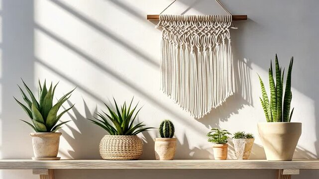 Stylish interior decor with macrame wall hanging and potted plants, creating serene atmosphere where sunlight casts beautiful shadows, enhancing modern home greenery.