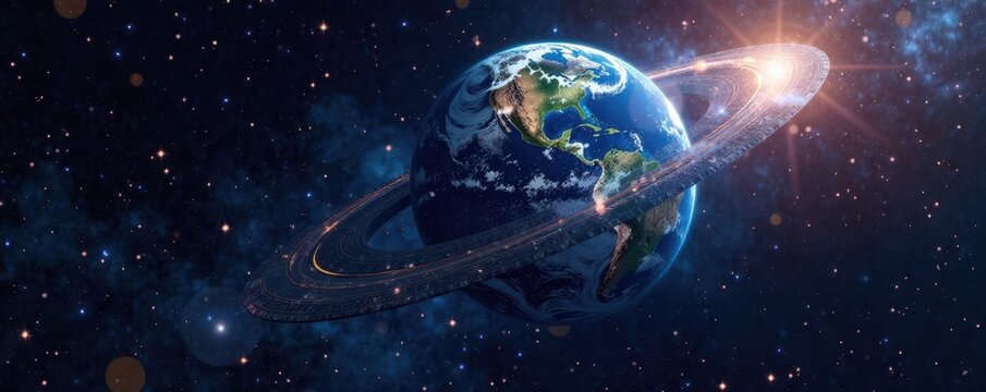 Disc-shaped Earth floating in space, stars visible , geocentric model, stars