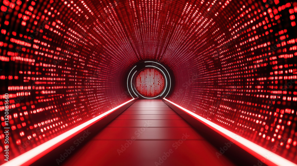 Poster futuristic tunnel design illuminated with vibrant red lights creating a tech-inspired vibe.