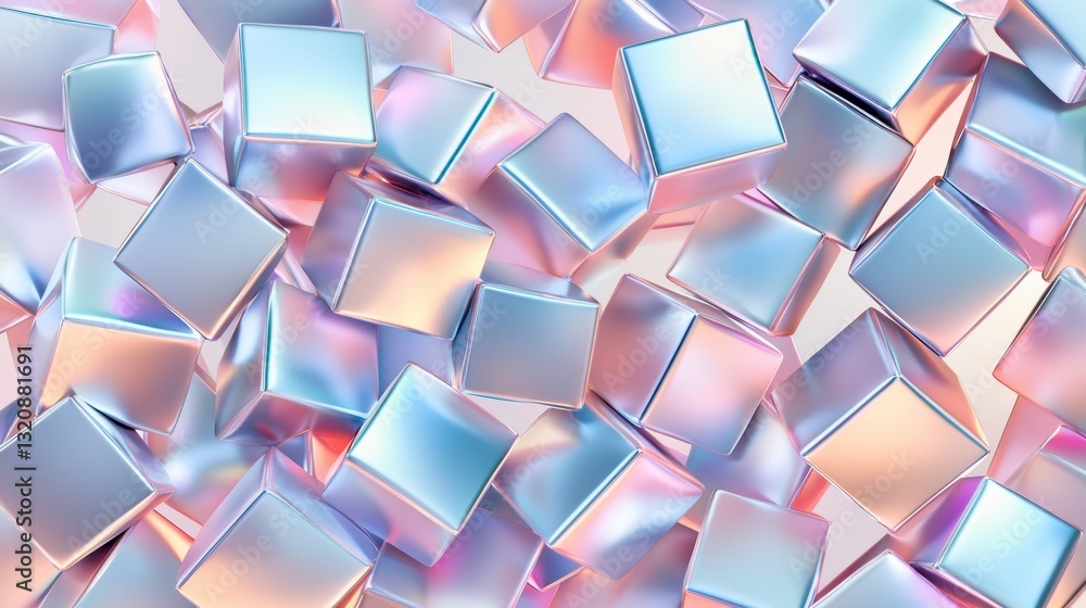 Poster seamless tessellated holographic floating cubes forming an impossible geometry, futuristic 3d illusi