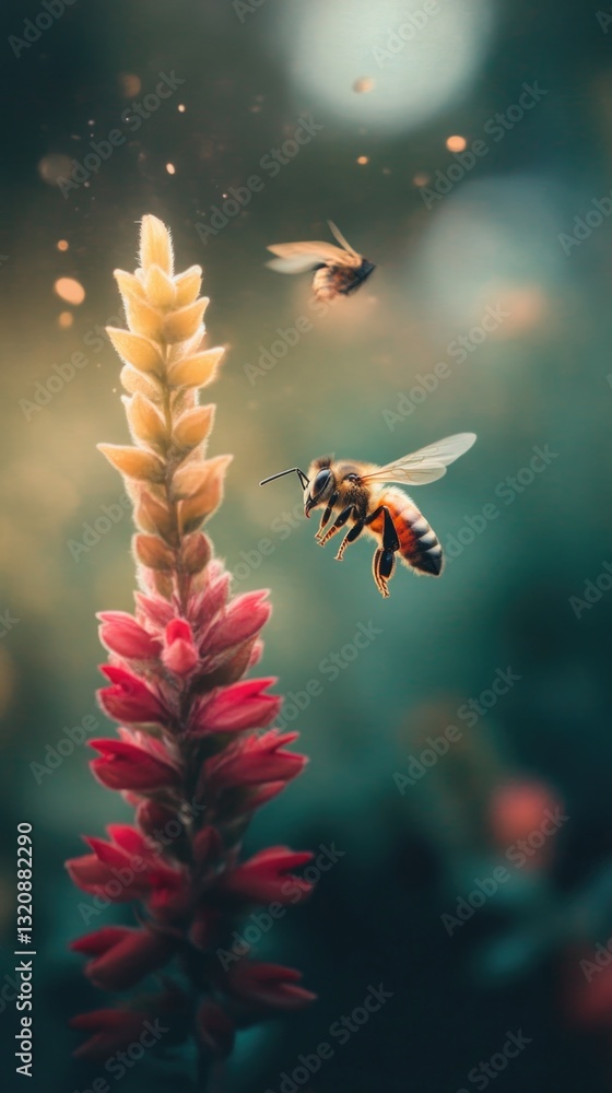 Poster a close-up of a bee flying towards a flower, with another bee in the background
