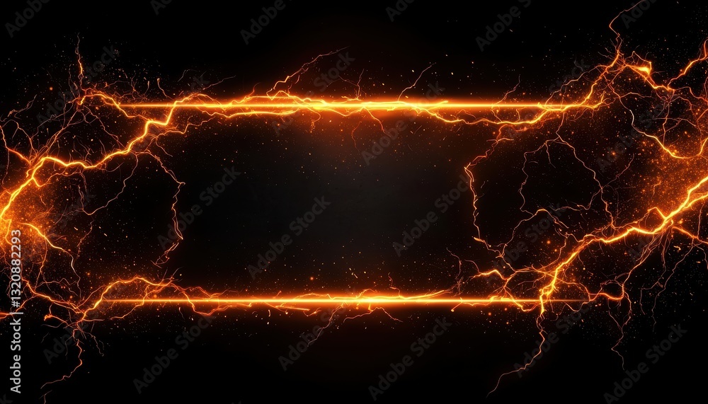 Poster futuristic glowing frame with electric golden light, dynamic spark effects creating an illuminated b