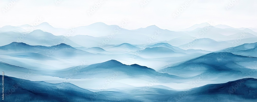 Poster Digital watercolor painting abstract background idea. Tranquil blue mountains and misty hills create a serene nature scene.