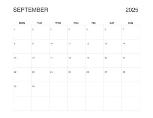 SEPTEMBER 2025 Letter Size Monthly Calendar, Minimalist Printable Calendar, Dated SEPTEMBER Planner