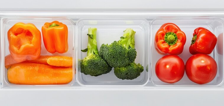 Minimalist fridge arrangement with fresh vegetables in transparent boxes, ideal for diet planning, meal prep, and a healthy lifestyle