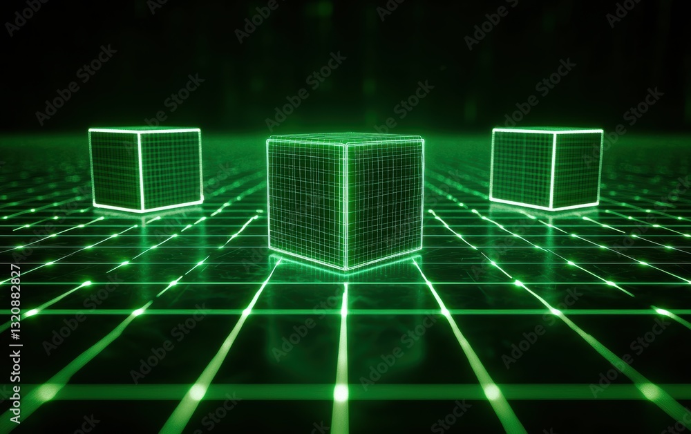 Poster seamless glowing neon wireframe cubes floating in a 3d void, futuristic cyberpunk geometric illusion