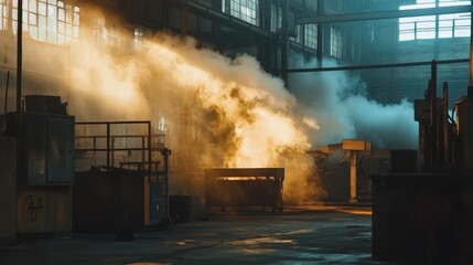 A large industrial factory interior with thick rising smoke clouds