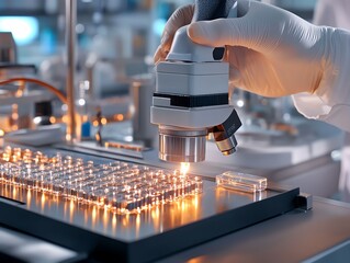 Cybernetic implants being bonded by a liquid adhesive in a sterile lab