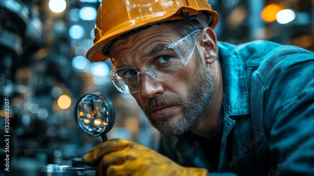 Fototapete A skilled engineer is closely examining metal parts with a magnifying glass in a factory. The setting features modern machinery and a focus on detail in metalworking processes.