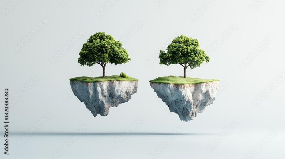 Poster Abstract landscape background idea. Two trees on floating islands symbolize nature and environmental balance.