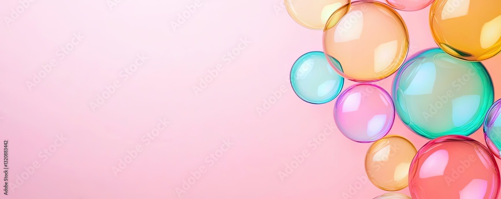 Poster Minimalist graphic design abstract background concept. Colorful soap bubbles floating against a soft pink background for a serene atmosphere.