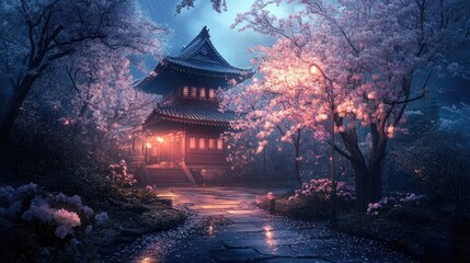 Obraz premium A serene temple sits beneath blooming pink cherry blossom trees