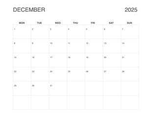 DECEMBER 2025 Letter Size Monthly Calendar, Minimalist Printable Calendar, Dated December Planner