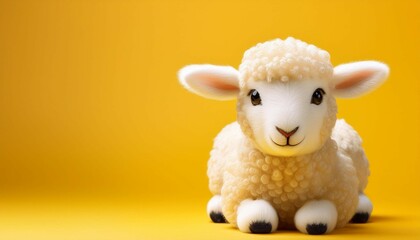adorable fluffy sheep toy against yellow background