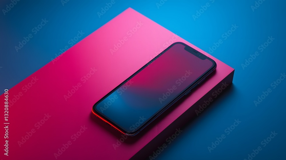 Poster vibrant smartphone resting on a colorful geometric surface, showcasing modern design in a dynamic se