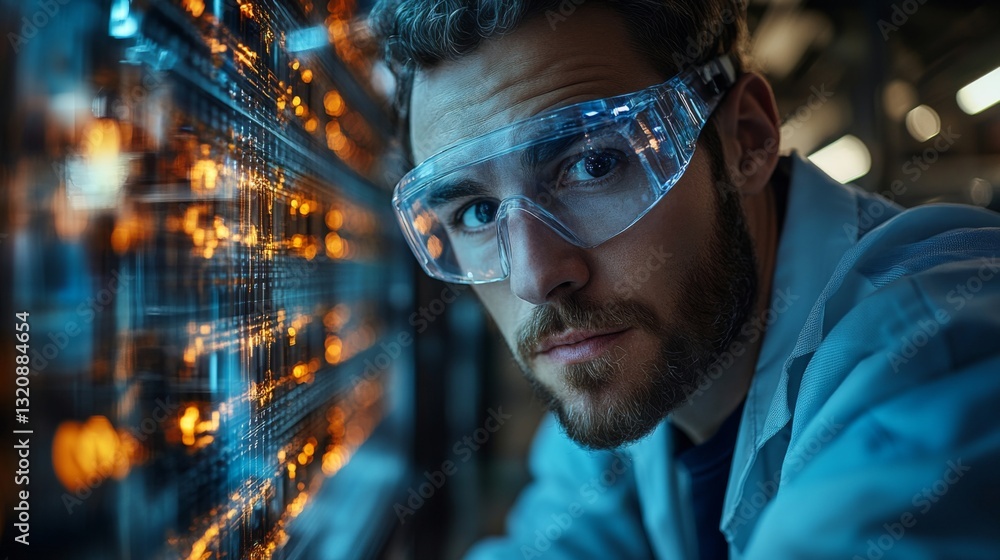 Poster an engineer wearing safety glasses examines machinery in a state-of-the-art factory. surrounding hig