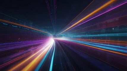 Fototapeta premium A Vibrant Journey Through A Neon-lit Digital Highway, Speeding Towards A Bright Future With Streaks Of Purple, Orange, And Blue Light