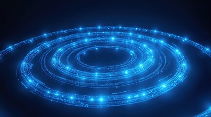 Obraz premium Abstract swirling concentric circles of glowing translucent blue light with radial lines, particles, navy background, dynamic luminous center, futuristic geometric pattern, high detail, digital illust