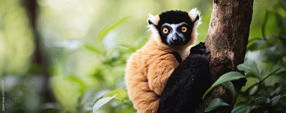 Poster a colorful lemur perched on a tree branch in a forest