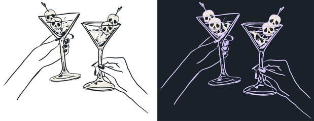Hand drawn Halloween Martini drink illustartion, Hands holding Spooky martini drinks with skull drink garnish, Minimal line art drink illustration for invitations, bar chart menus and web design
