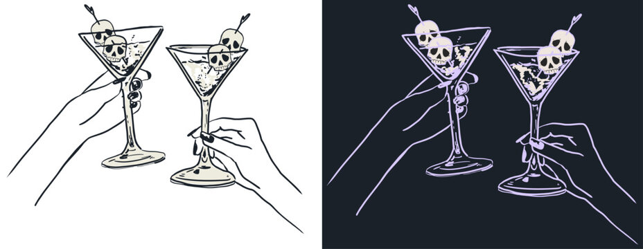 Hand drawn Halloween Martini drink illustartion, Hands holding Spooky martini drinks with skull drink garnish, Minimal line art drink illustration for invitations, bar chart menus and web design
