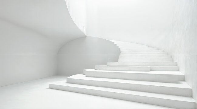 Modern minimalist white abstract interior, geometric arched forms, layered curves, matte surfaces, soft ambient lighting, sharp clean lines, contemporary architectural depth, smooth elegant design, pe