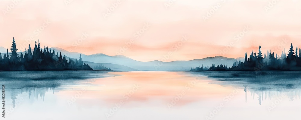 Aufkleber digital watercolor painting abstract background idea. a serene watercolor landscape featuring mounta