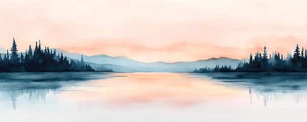 Obraz premium Digital watercolor painting abstract background idea. A serene watercolor landscape featuring mountains reflecting in a calm lake at dawn.