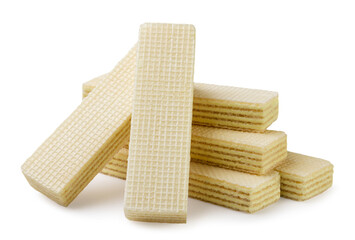 A pile of crispy wafers filled close-up on a white background. Isolated