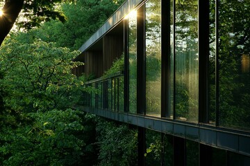 A sustainable business office building stands out in the city, with its eco-friendly design and green surroundings, including a tree and a glass building that helps reduce carbon dioxide emissions