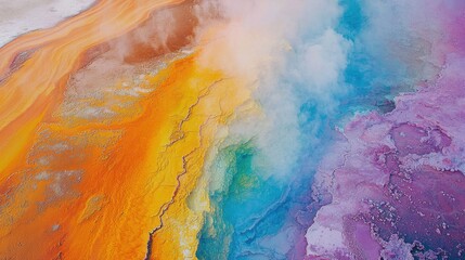Fototapeta premium A vibrant aerial view showcasing colorful thermal springs with swirling patterns of orange, yellow, and purple, enveloped in steam.