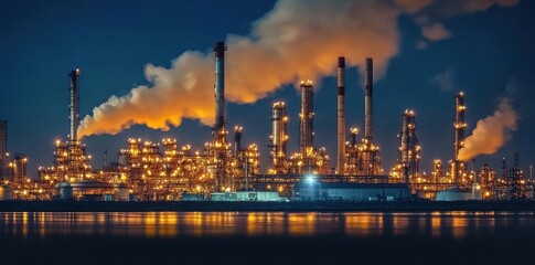 Night view of an industrial oil refinery emitting bright flames and smoke against a dark sky.
