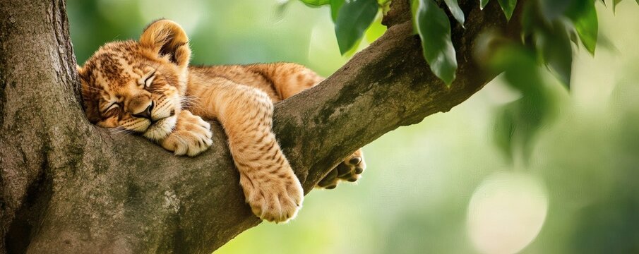 A sleeping lion cub rests peacefully on a strong tree branch
