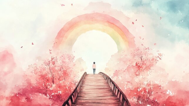 A serene scene featuring a figure on a bridge leading to a vibrant rainbow amidst soft pink and blue hues.