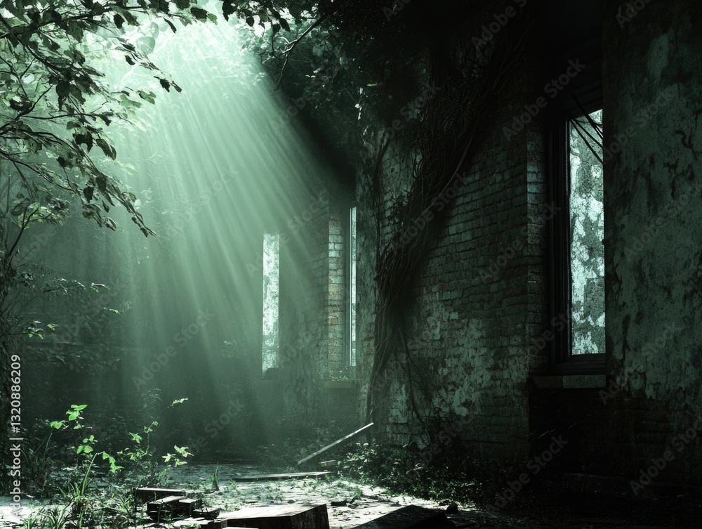 Poster A window with sunlight streaming in from an abandoned building