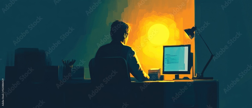 Aufkleber a person sitting at a desk with a computer, possibly working or studying