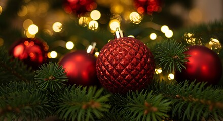 Obraz premium Red Christmas Ornaments on Green Tree Branches with Warm Lights