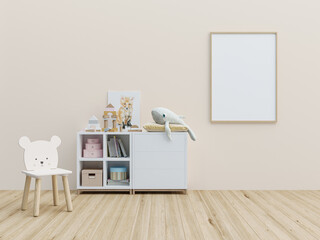 Frame mockup in home interior, ISO A paper size., Kids Room Interior Design, Scandi-Boho style. 3D render	
