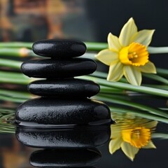 Fototapeta premium The water features an arrangement of stones, bamboo, and narcissus flowers