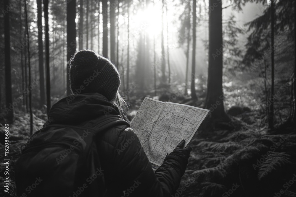 Poster a person studying a map in the woods, possibly planning a hike or searching for a lost location