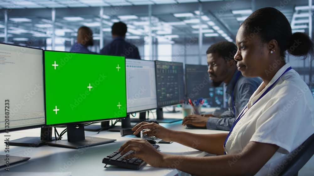 Poster software developer in server farm ensuring data remains shielded from potential threats using mockup